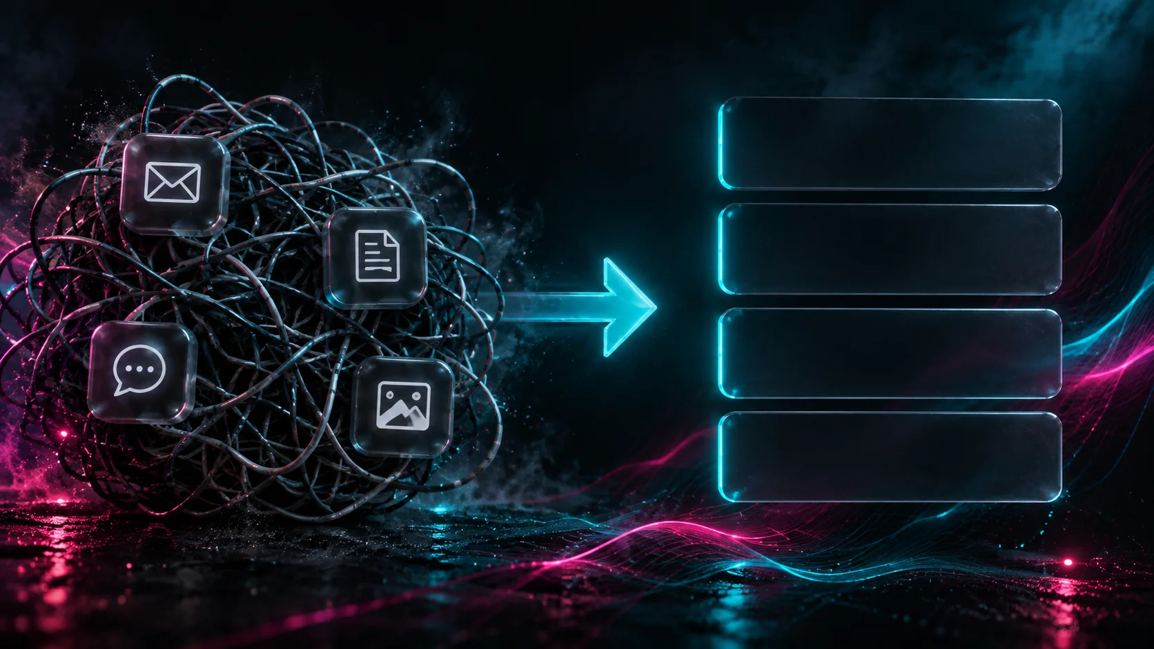 Illustration of tangled manual inputs becoming an organised workflow.